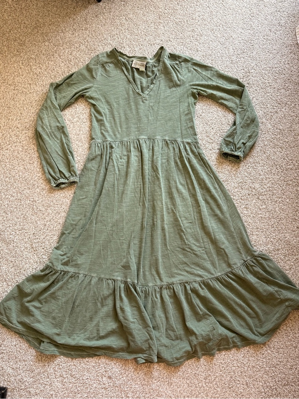 Anthropologie Green V-Neck Long Sleeve Tiered Maxi Dress